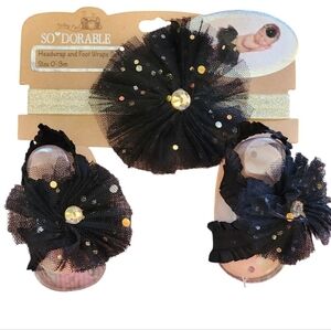 So Dorable Headwrap & Footwarap Baby Girl 0-3MO Black Lace Sequin Rhinestone NWT